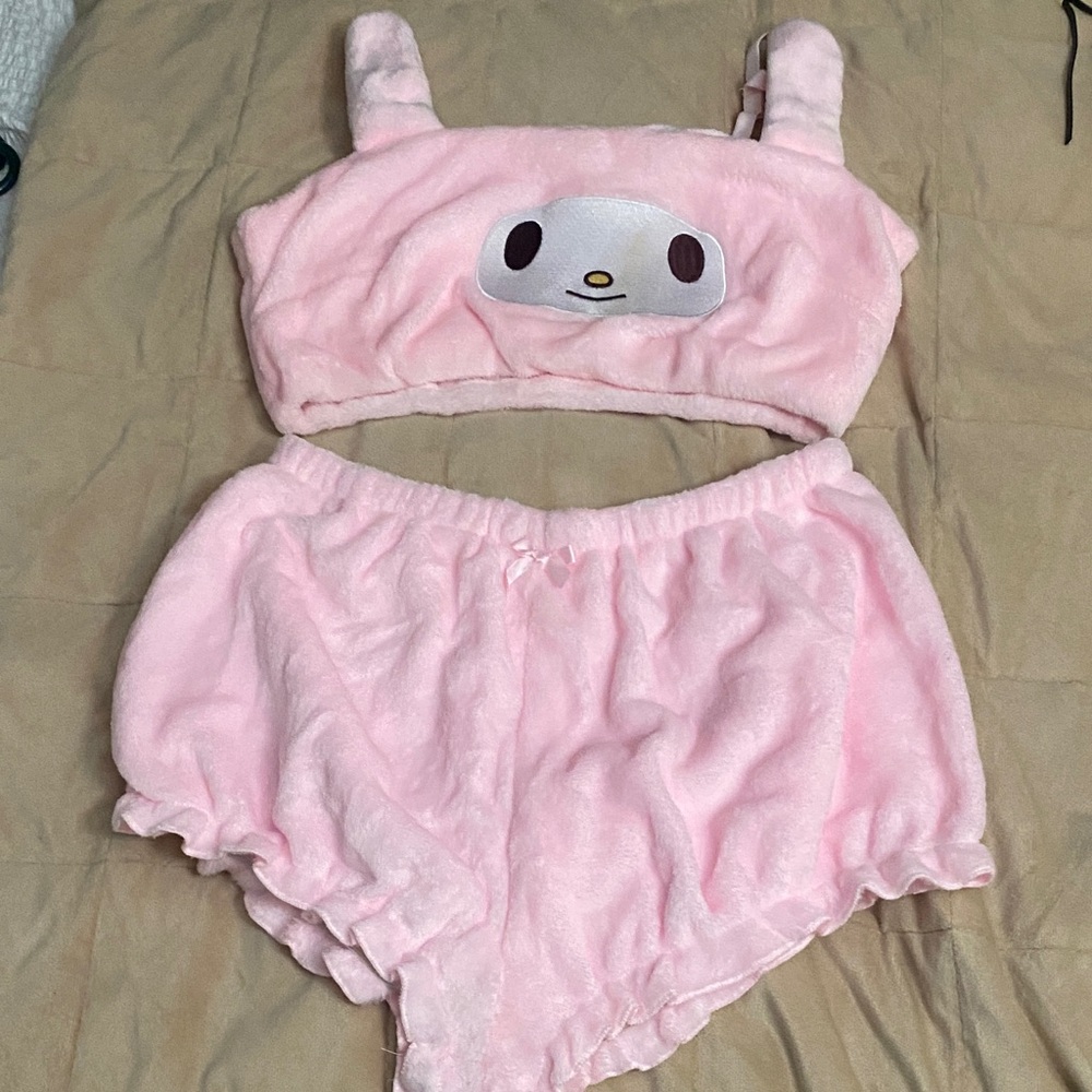NWOT Pink Plush Character Crop Top and Shorts Set